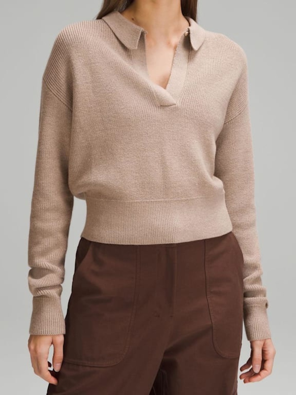 Lululemon Collared V-Neck Merino Wool Blend Sweater - Tan